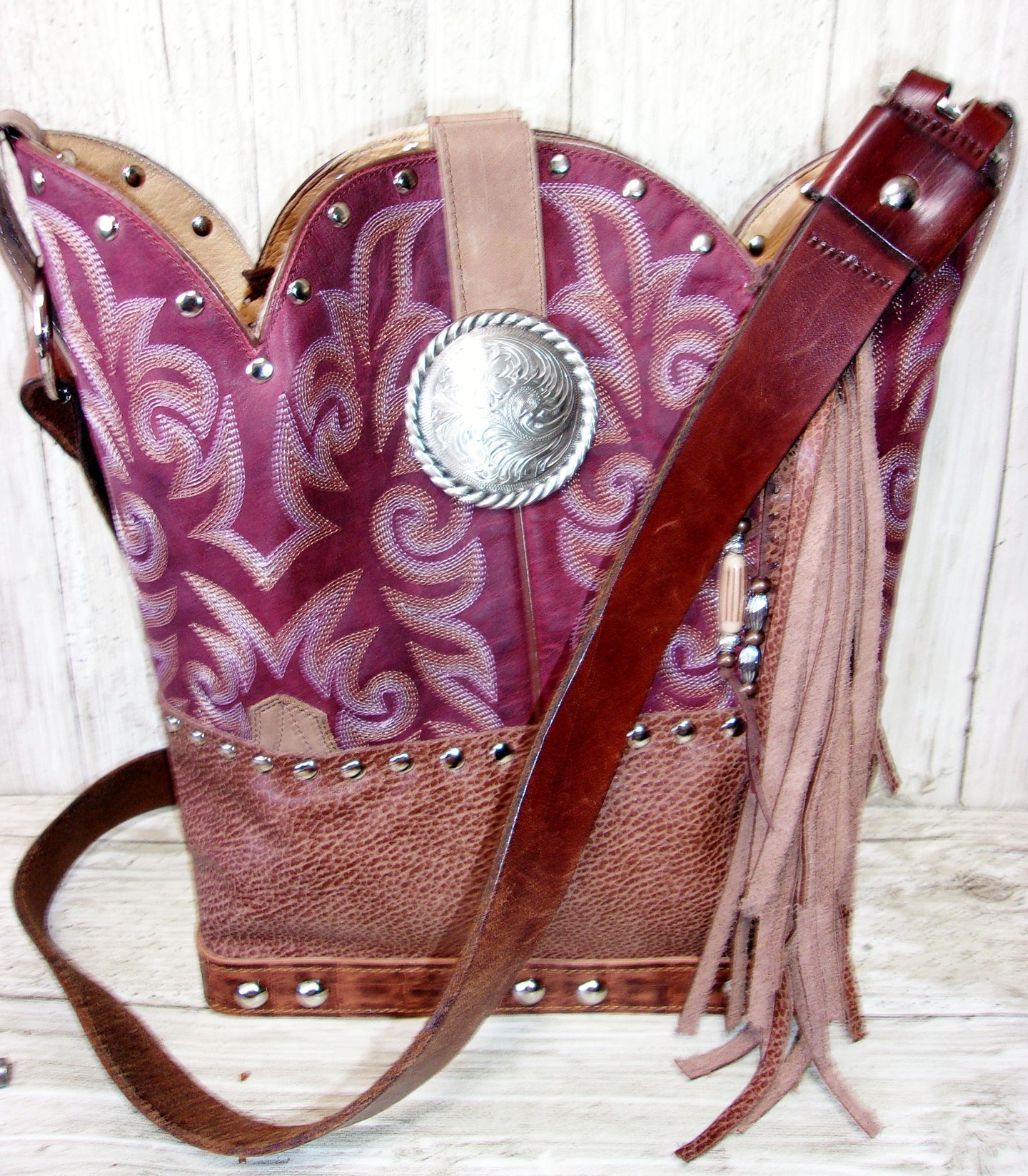 Top Shelf Cowboy Boot Purse with Fringe TS287 handcrafted from cowboy boots. Shop at ChrisThompsonBags.com and buy the best boot top purse, Country Chic, country fashion, country style, cowboy boot lover, cowboy boot purse, Cowgirl Chic, cowgirl style, luxury handbag, rodeo purse, western chic, western fashion, western style at Chris Thompson Bags.